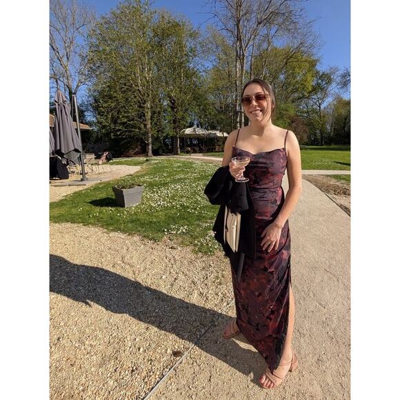 SLATE & WILLOW Red Purple Ruched Floral Side Slit Scoop Neck Dress size 0 - Picture 14 of 16